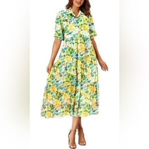 Yellow and Green Pleated Sundress with Polo Collar